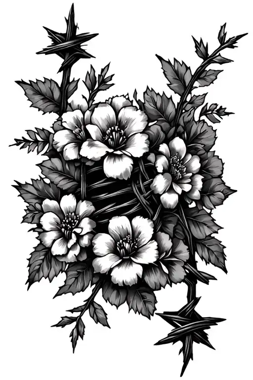 Western Barbed Wire With Flowers Spine Tatoo