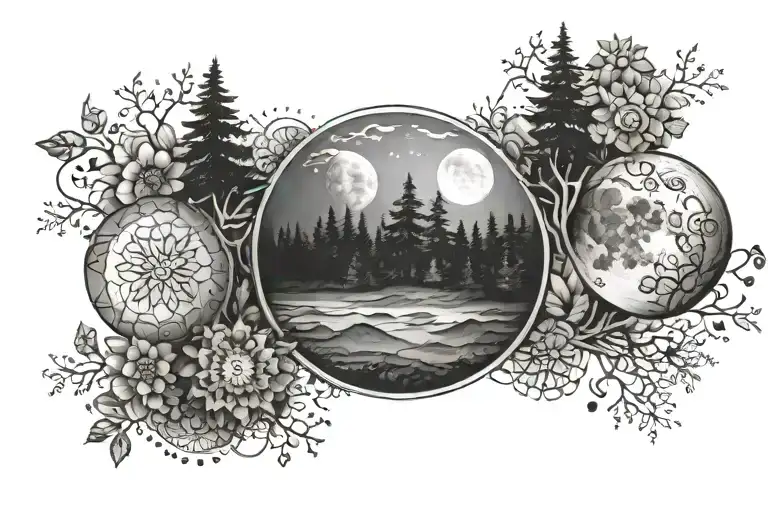 Moon Phases And Mandala With Forest Landscape