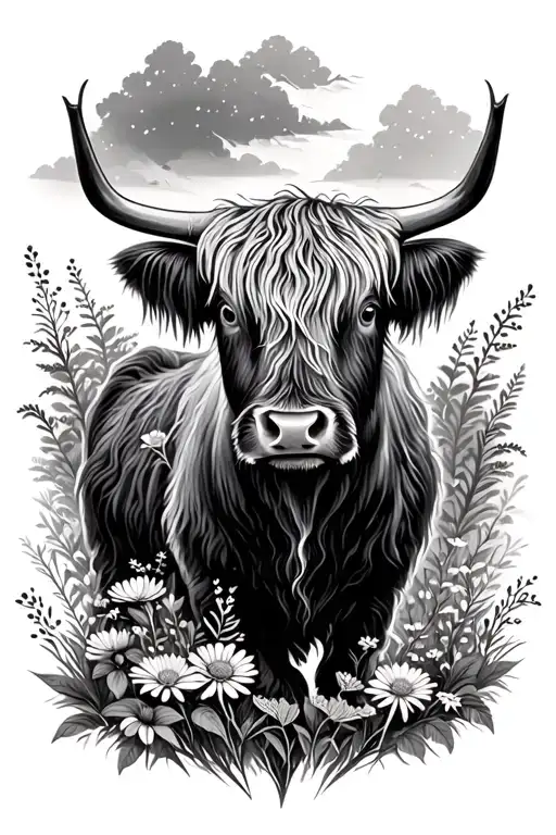 Highland Cow And Woodland Flowers Surrounding