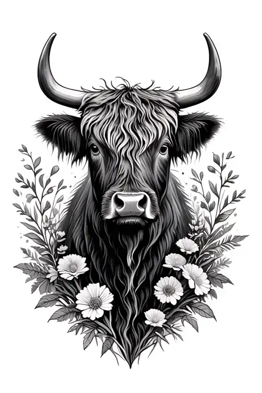 Highland Cow Head And Woodland Flowers Surrounding