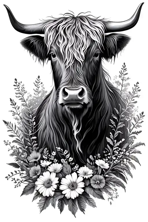 Highland Cow Head And Woodland Flowers