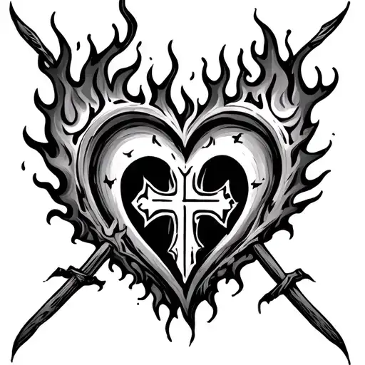 Cross And Heart On Fire