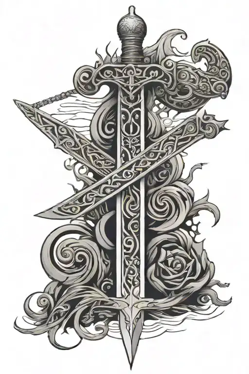 A Sword Stuck In The Ground With Scales At The Hilt And A Band