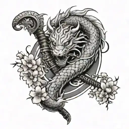 The Word Orochi Surrounded By Cherry Blossoms And Japanese Weaponry