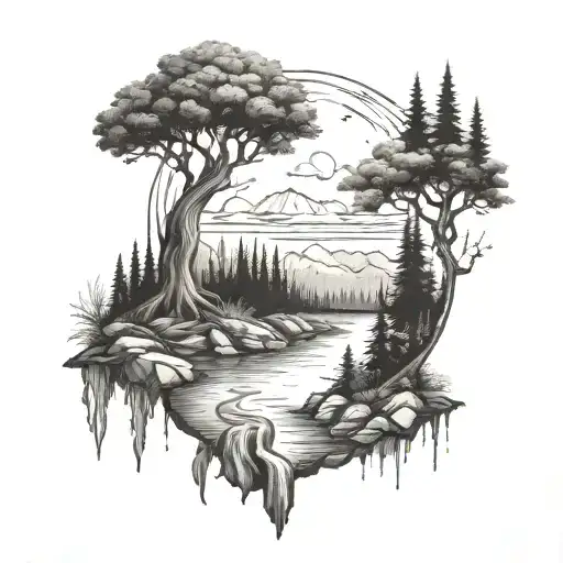 A River With A Tree On One Side And A Campfire On The Other Waterfalls Down