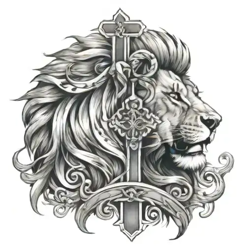 Lion With A Cross Tattoo Design