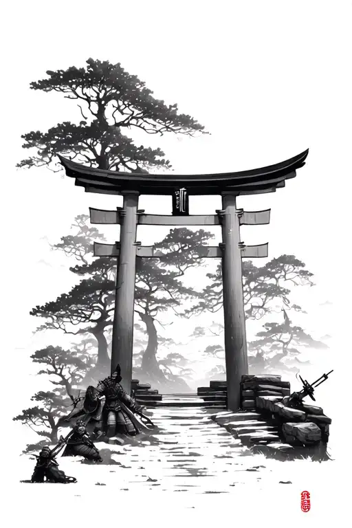 Large Torii Gate In Forest And Warrior