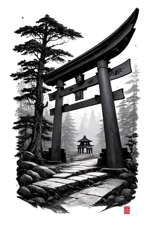 Large Torii Gate In Forest Scene With A Hidden