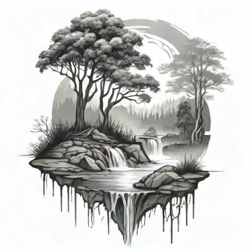 A River With A Tree On One Side And A Fire On The Other Waterfalls Down The Front