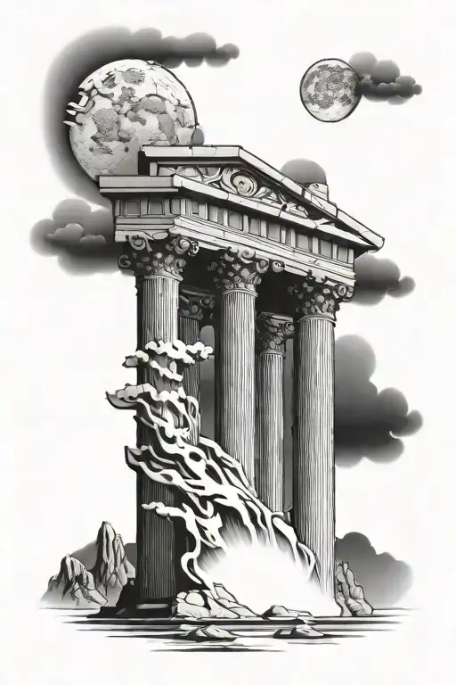 Greek Pillar Building With Moon And River Flowing