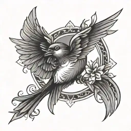 Vertical Tattoo With A Line And A Star In A Middle With A Swallow Bird Following It