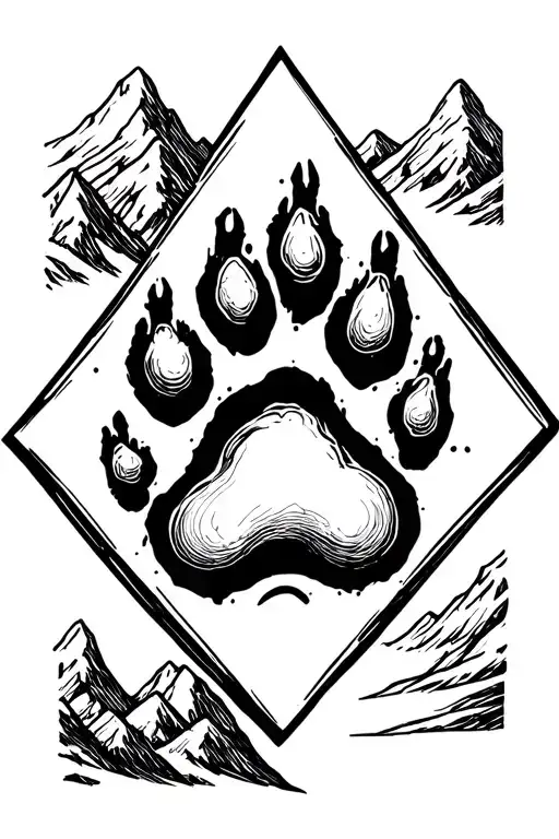 Dog Paw Print In A Diamond Shaped Line Outlining Sketch Mountains