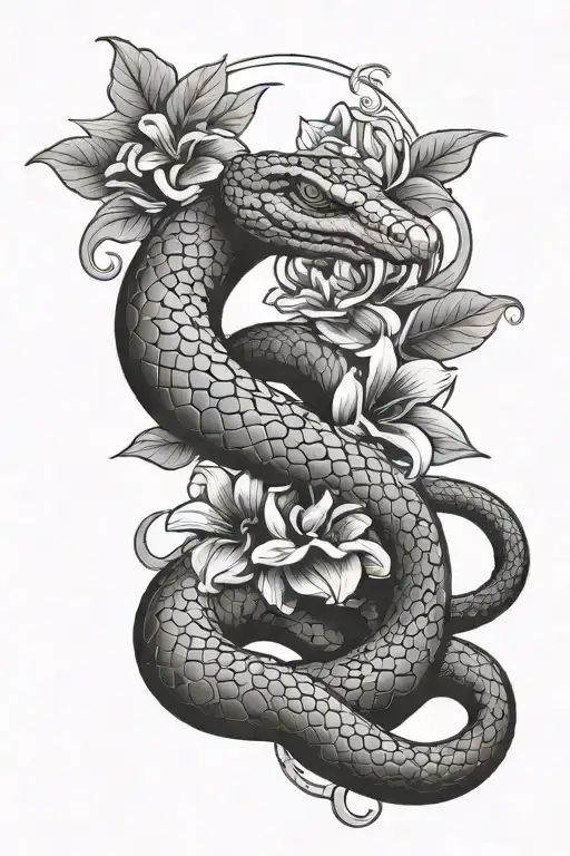 Cobra Snake Intertwined With A Flower A Moon And A Sun
