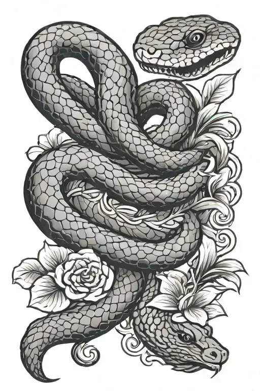 Snake Intertwined With A Japanese Flower