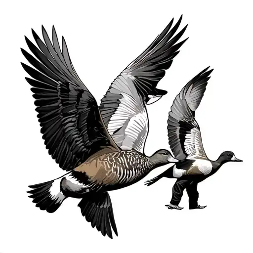 Hunter Father Shows Flying Ducks To His Son