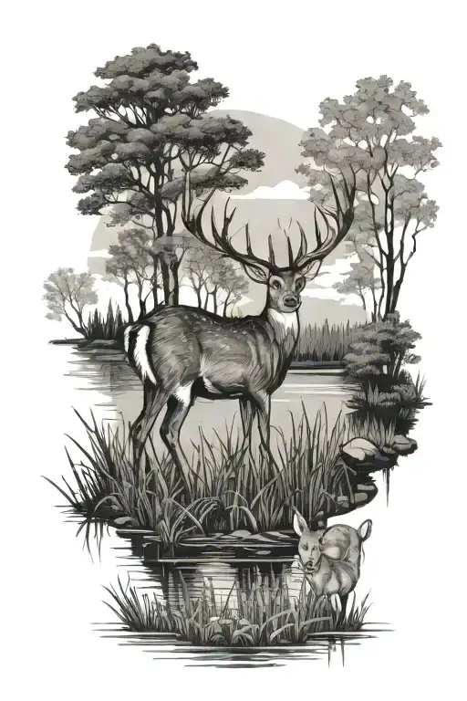 Pond With Trees In The Background With A Doe And Buck