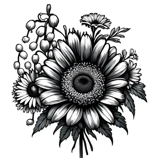 Line Art Boquet With Daisy Chrysanthemum Lily Of The Valley Aster Carnation And Marigold