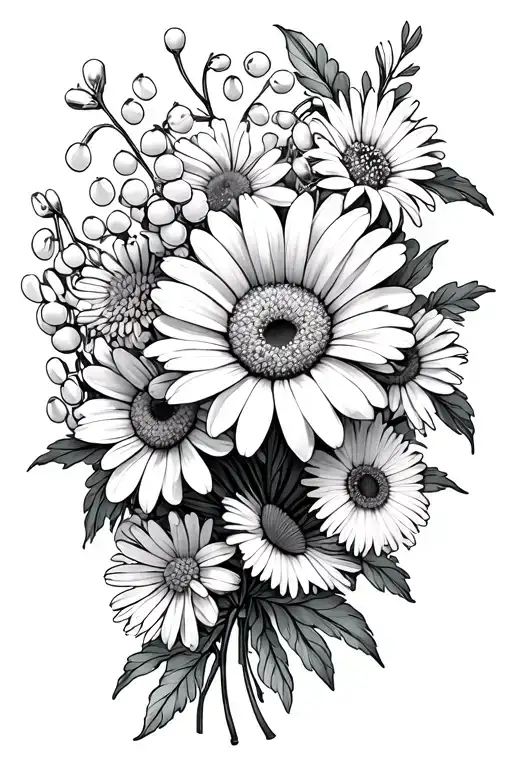 Line Art Bouquet With Daisy Chrysanthemum Lily Of The Valley Aster Carnation And Marigold