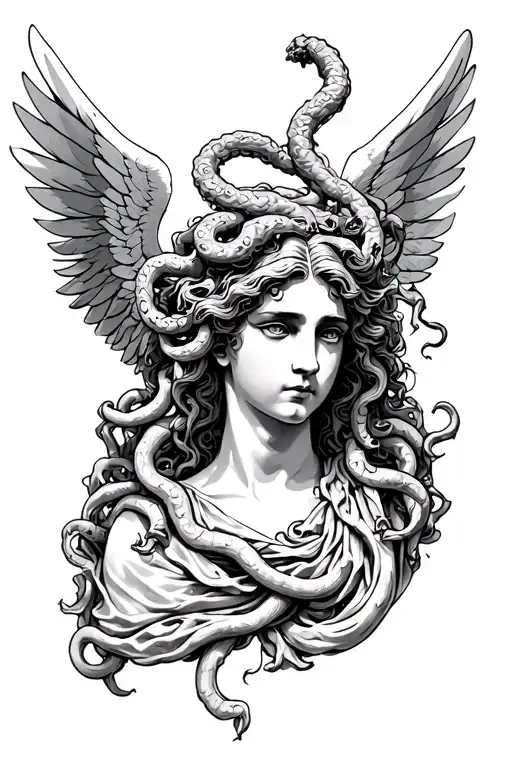 Greek Fallen Angel With Medusa Head
