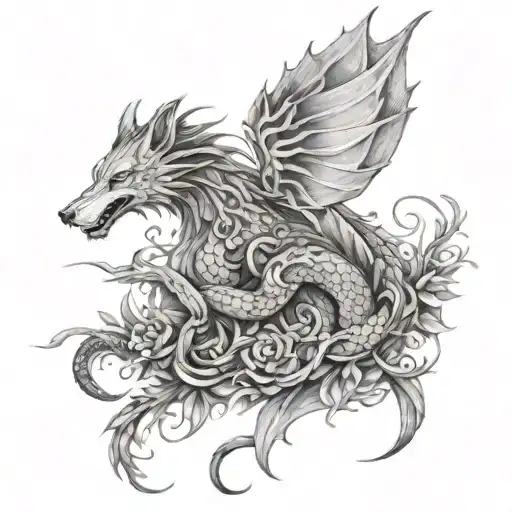 Long Dragon Wrapping Around A Wolf