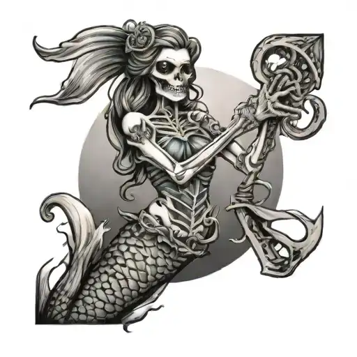 Skeleton Mermaid Holding A Trident And Rope