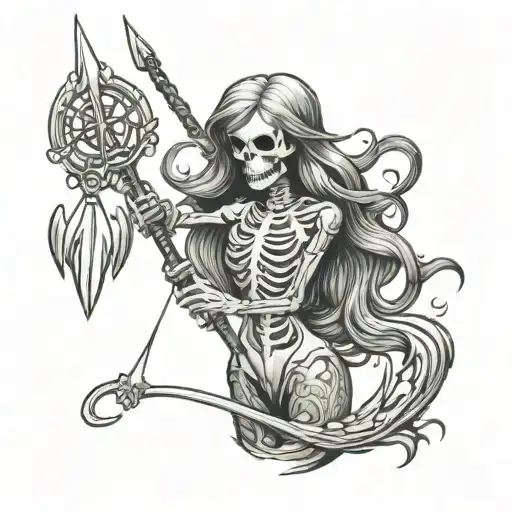Skeleton Mermaid Holding A Trident And Chain