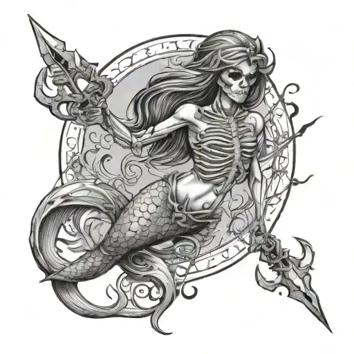 Full Body Skeleton Mermaid Holding A Trident In One Hand And A Chain In The Other Hand