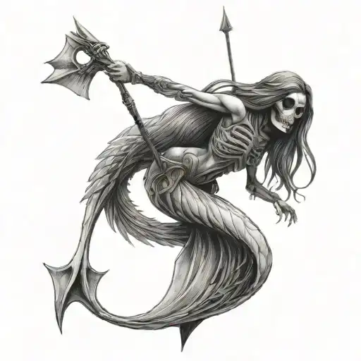 Full Body Skeleton Mermaid Holding A Trident In One Hand