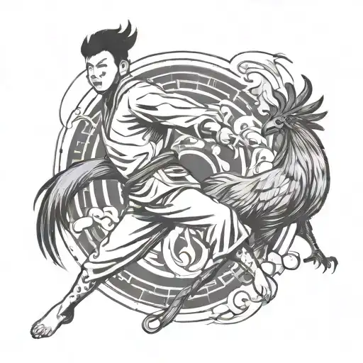 A Taekwondo Boy Kicking Next To An Antelope And A Rooster And The Ying Yang Sign