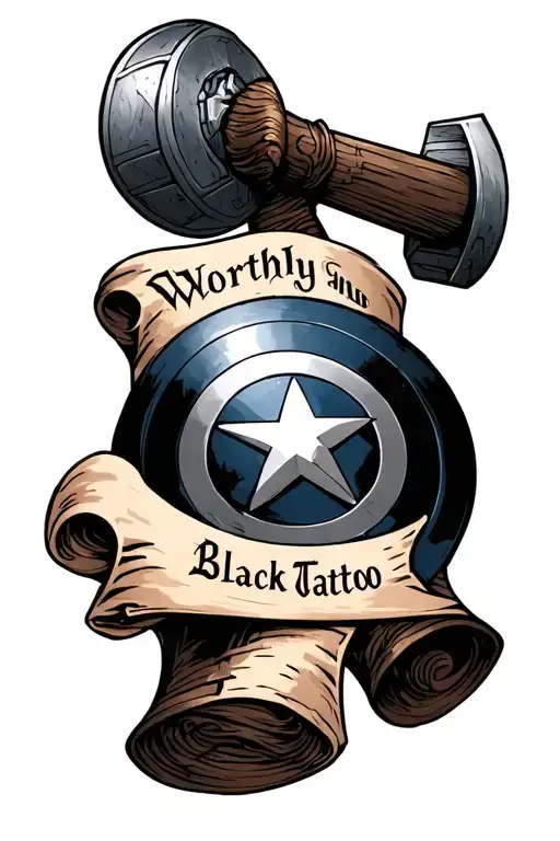 Captain America Shield With Mjolnir And A Scroll That Says Worthy