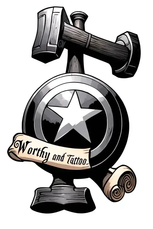 Captain America Shield With Mjolnir And A Scroll That Says Worthy