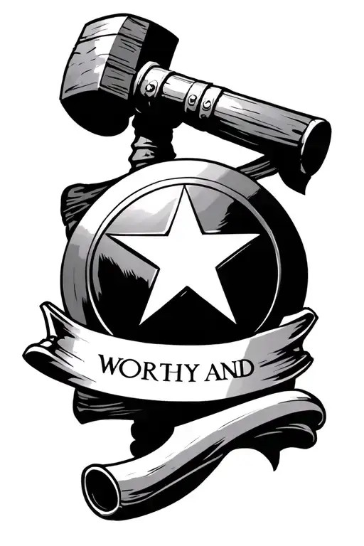 Captain America Shield With Thor Hammer And A Scroll That Says Worthy
