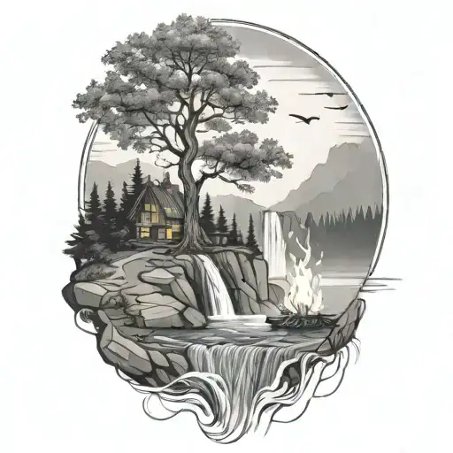 A River With A Campfire And Tree Beside It Waterfalls Down The Front
