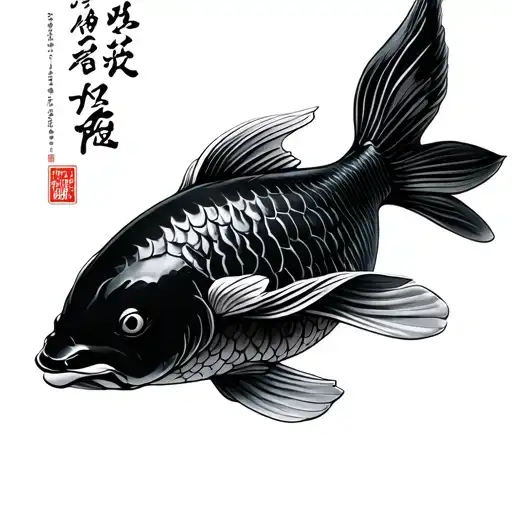 Black Koi Swimming Upwards With Japanese Letters For Strength