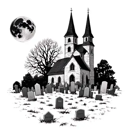Graveyard With Church Behind And Moon Above