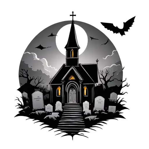Graveyard With Black Church Behind And Moon Above