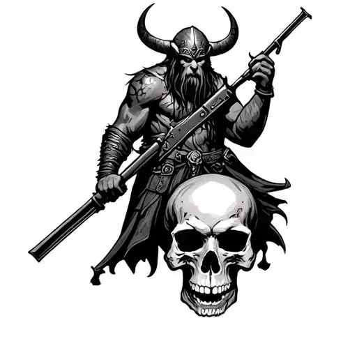 Demon Viking Holding Styer Rifle Standing Over Skull