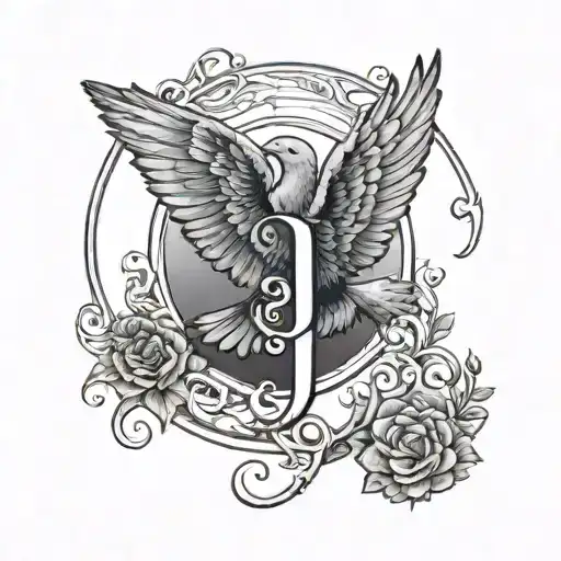 Letter J And Some Dove Wings And A Moon