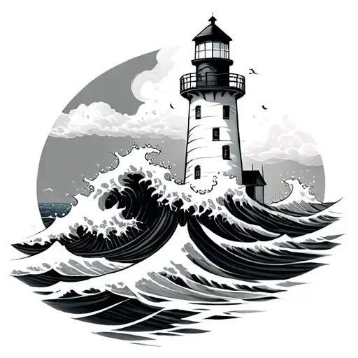 White And Black Tricep Tattoo Light House Wave Crashing