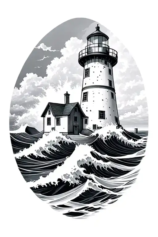 White And Black Tricep Tattoo Light House Wave Crashing