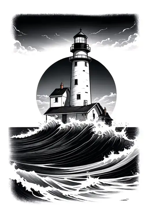 White And Black Tricep Tattoo Light House Wave Crashing