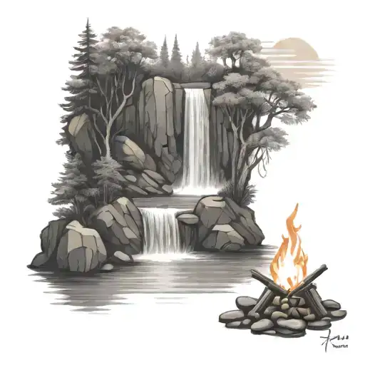 Campfire On A Riverbank Where The River Flows Past It And Waterfalls Down At The Bottom