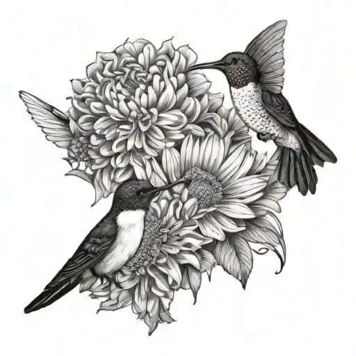 Marigold On Left Daisy On Right With Hummingbird Feeding From Daisy