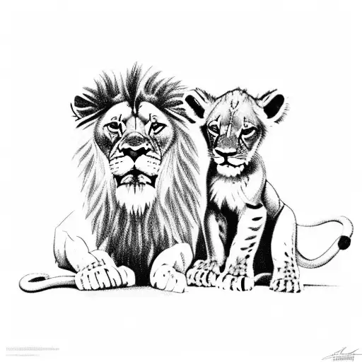 Father Lion Protecting Lion Cub With Jesus Overlooking