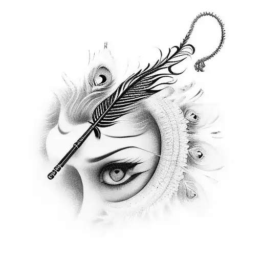 Flute With Peacock Feather Hanging Out Written Radhe Krishna