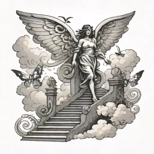 Angel Walking Up Stairs To Gates Of Heaven Surrounded By Clouds And Butterflies