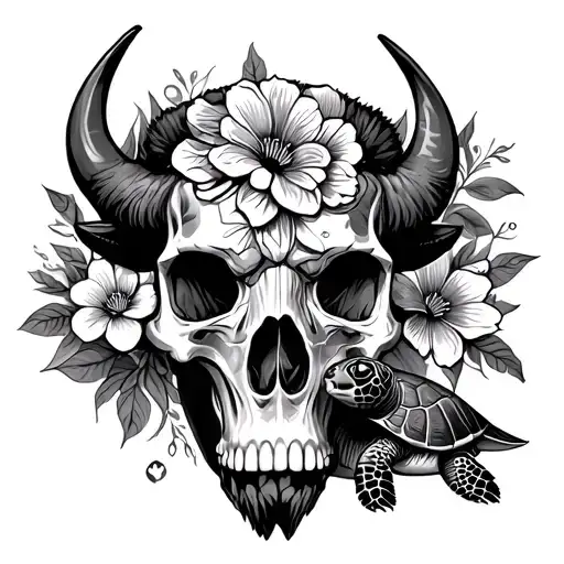 Skull Flowers Buffalo And A Little Ocean Turtle