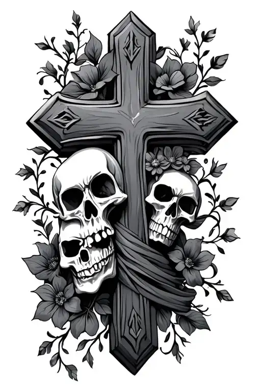 Cross With Skull Flowers And Vines Wrapped