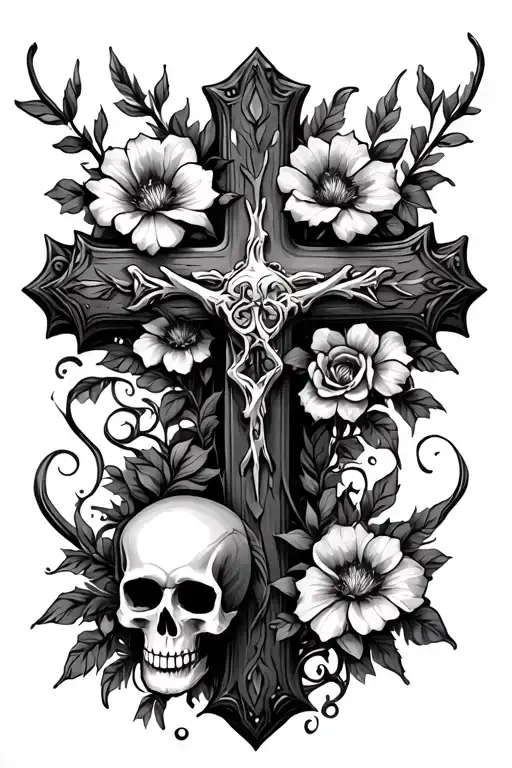 Cross With Flowers And Vines And A Skull Surrounded