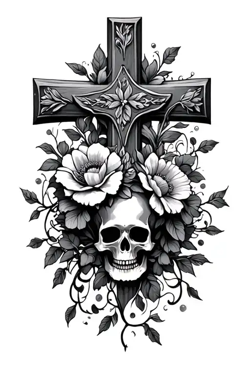 Cross With Flowers And Vines And A Skull Surrounded